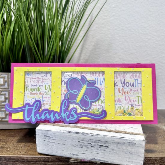 Slimline Shaker Thank You Card
Stephanie creates a slimline shaker Thank You Card using the Slimline Card Base die and the Collage Slimline Drop-in Die Set.  On Stephanie's Crafting Cornder #168 Watch the video to see how to make this card.
