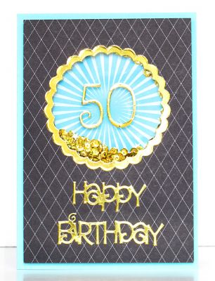 50th Birthday Shaker Card
My first shaker card.  Final size is 4.75 x 6.75.  I would have made a 5x7, but thought it should be slightly smaller so that it will fit in the envelope since the shaker makes it extra thick.  It fits in my 5x7 envelope nicely.
Keywords: QuirkyAlphabetDies