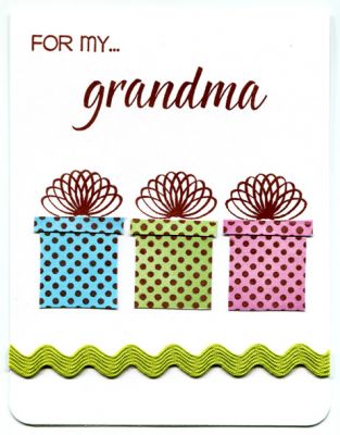 Birthday Card for Grandma
My simple, easy  card.  I did not have patterned paper.  The presents are made using the stamp set with the solid and polka dot pattern.  I stamped them and cut them out for a more dimensional look. I used the "Happy Birthday" stamp that comes with  the set for the inside. 
Keywords: birthday2celebrate words4family birthday