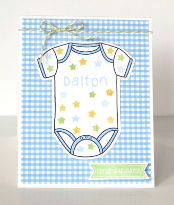 Personalized Onesie New Baby
I stamped the baby's name on the onesie with the miniabc2stamp set and I stamped a star pattern with the ministars4you set.  Also, I just used one of my son's colored pencils to color in the onesie trim.
Keywords: stars4you miniabc2stamp