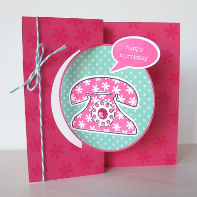 Happy Birthday Phone Flip-its
I used one of the daisy stamps from daisies4you to stamp the background paper to match the daisy on the phone stamp.  I used Guava ink on Guava paper.  I also stamped the phone and speech bubble in Guava ink.  I love the matching ink and paper!
Keywords: Flip-its daisies2garden