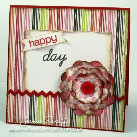 Happy Day!
Cardstock: DiscountCardstock , Patterned paper : Authentique
Die cuts: Sizzix Flower Framelits, Chevron die set – The Stamps of Life
Inks: Clearsnap Premium Dye Inks (Strawberry, Licorice)
Keywords: Chevron Die set, happyBday2you, Clearsnap Premium Dye Inks