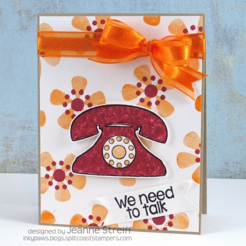 *Chat
I used the fruity solid stamp from lemonade2drink to make the background flowers and the dial button stamp from phone4you for the flower centers. I used Tangerine, Raspberry and Licorice inks.
Keywords: lemonade2drink, phone4you