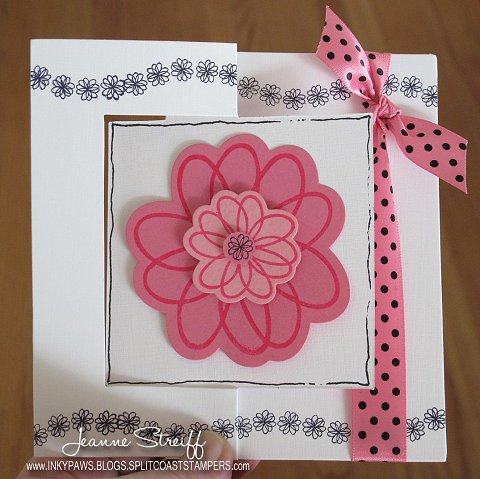 Doodle Flower Hello 
Stamps/dies: The Stamps of Life (flower2doodle), Doodle Flower Die set
, Sizzix Movers & Shapers Flip-its Square,
Ink: Clearsnap Colorbox Premium Dye Ink Guava, Licorice
Keywords: flower2doodle, Doodle Flower Dies, Flip-its, Colorbox Premium Die ink
