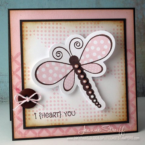 I Heart You
I stamped the background with pattern2love and did a random background with the pattern stamp from birthday2celbrate in Bubblegum ink. The dragonfly (creations2fill) was stamped in Bubblegum & Chocolate inks.
Keywords: pattern2love creations2fill birthday2celebrate Premium Dye inks