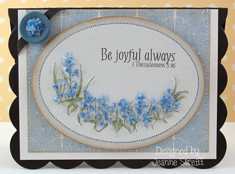 Be Joyful
My background is a pre printed card topper from Flower Soft. I stamped the sentiment directly onto the topper and added Delphinium Flower Soft for texture. Card die from Sizzix.
Keywords: praise4Him