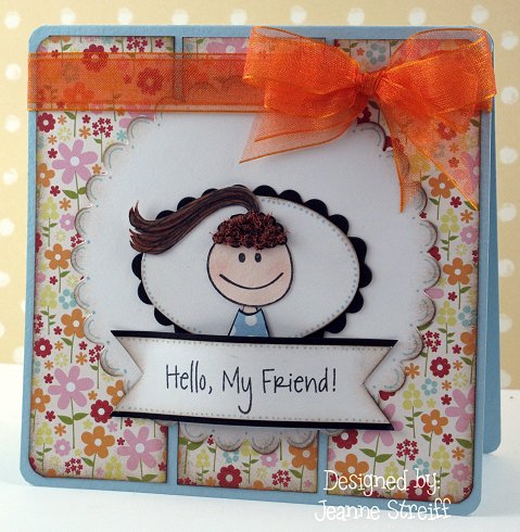 Hello My Friend
The girl was paper pieced and I created her curly bangs with Nut Brown Flower Soft. Patterned paper is from Jillibean soup.
Keywords: kids2love, Sizzix, Flower Soft