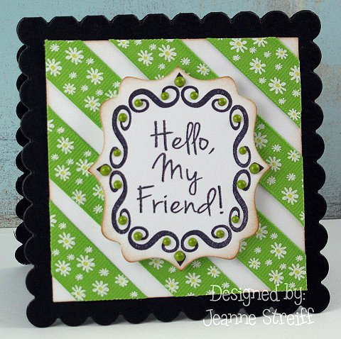 Hello My Friend
I used a Sizzix Framelits (Scallop Squares) to make my card. The background was made with ribbon strips and the frame and sentiment were stamped in Licorice ink.
Keywords: messages4friends