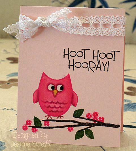 Hoot Hoot Hooray!
I stamped the owl, branch and flowers with Clearsnap Premium Dye ink (Guava, Chocolate, Artichoke, Licorice) and then did some fill in coloring with Twin Touch markers. 
Keywords: owls2love, branches4flowers