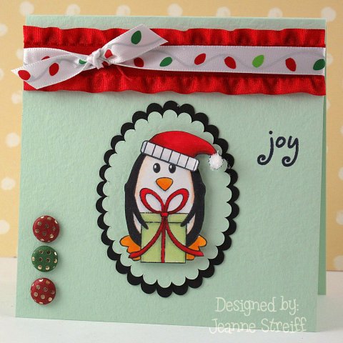 Joy
Penguin was stamped, colored with Touch Twin markers and cut out. Scalloped oval were cut using a Sizzix eclips (Basic Shapes cartridge).
Keywords: penguins4Christmas, sizzix