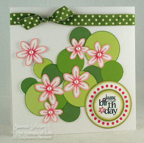 Bright Birthday
The circles were all printed in a bunch and then cut out and popped up with foam tape. The flowers were printed and then I did some extra details with Copic markers. Pearls were colored to match the flowers with a Copic marker.
Keywords: digital