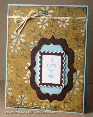 *A Note For You
I used Sizzix Labels 4 Framelits to frame my sentiment. The sentiment was stamped with Sky ink. Patterned papers from The Paper Loft.
Keywords: postage2stamp, Sizzix, Framelits, Premium Dye Ink, Sky