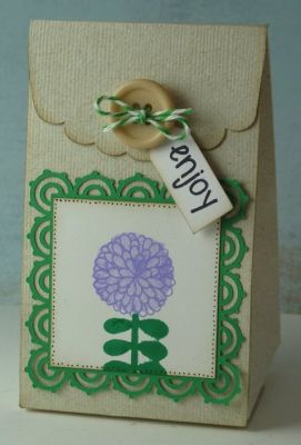 Enjoy Box
My flower was stamped in Grape and Spearmint inks. The box was made using my Sizzix eclips. I used Licorice ink for my sentiment.
Keywords: mums2stamp