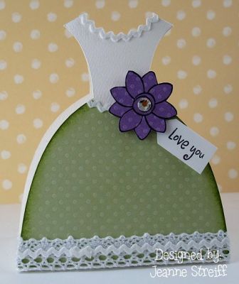 Love You Dress Box
I cut the dress box using  a Sizzix eclips (657539 Albums, Boxes & Bags 2) out of White Felt cardstock. I cut a second “skirt” from green textured cardstock and sponged the edge with Artichoke Premium Dye ink and then attached it to the front of the box. I decorated with lace and trim. Stamp and cut out small tag and flower. Attach as shown.
Keywords: list2write, eclips, Sizzix