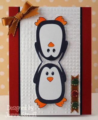 Penguin Christmas Party
I stamped the penguins and then cut them out. I popped them up on the embossed (Sixxix Texture Fades Dot Matrix) with foam tape.
Keywords: morepenguins2love