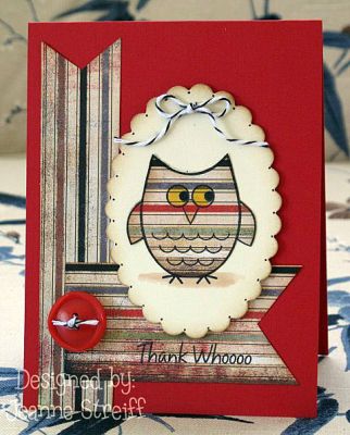 Thank Whoooo
I stamped the owl with Clearsnap Premium Dye ink (Licorice) onto the patterned paper and cut out. I cut the scallop mat (Sizzix Scallop Oval Framelit) and stamped the owl again and glued my cut out owl on top of it. Eyes and "ground" were colored with Touch Twin markers.
Keywords: owls2love