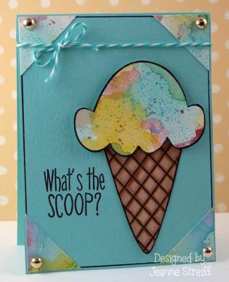 What's the Scoop?
I watercolored (splashy lots of colors) on watercolor paper and then stamped and cut it out for my ice cream scoop. 
Keywords: cone2dish scream4icecream