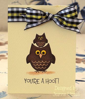 You're a Hoot!
I stamped the owls with Clearsnap Premium Dye ink (Chocolate, sentiment in Licorice) and then did some fill in coloring with Twin Touch markers. I colored a strip on the ribbon to match the eyes on the owls with a marker. 
Keywords: owls2love