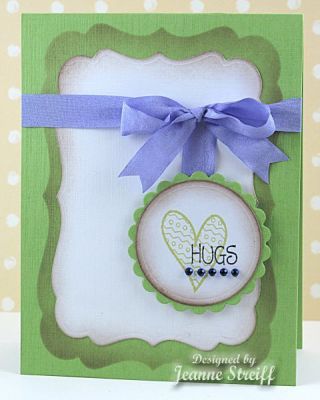 Hugs
I used a Nestabilities dies as a mask and sponged the outer part of the frame. 

All papers are from the December Posh Papers kit from Discount Cardstock.
Keywords: hearts2love