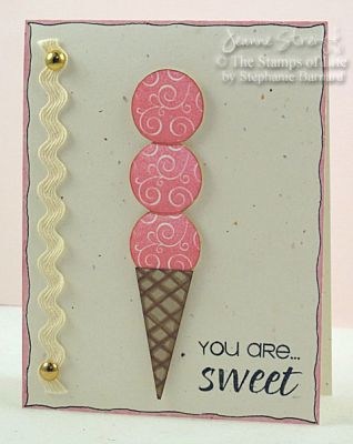 You Are Sweet!
I stamped three circles from icons4us for the ice cream scoops and created a simple triangle cone from some scrap paper. The sentiment is from Youare2kind.
Keywords: icons4us youare2kind