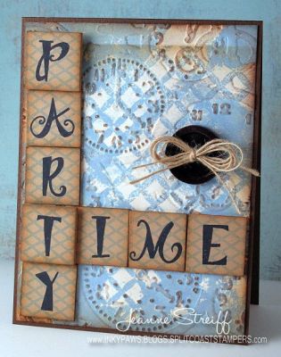 Party Time
I stamped the background with pattern2love (Sky ink) distressed with Chocolate ink and then ran it through a Sizzix embossing folder. The tiles are Inchies stamped with the pattern from birthday2celebrate. The letters were stamped with frilly4abc
Keywords: pattern2love frilly4abc birthday2celebrate Premium Dye inks Sizzix
