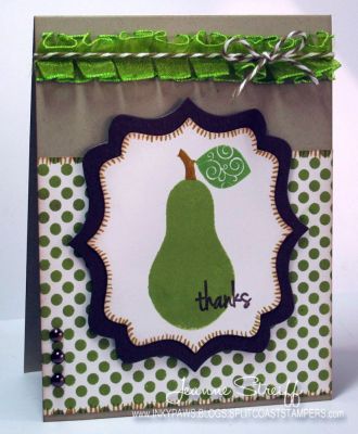 *Pear Thanks
I created the pear with the body from turkey2stamp and the leaf with turtles2love.
Keywords: turkey2stamp, turtles2love, dots2love, Sizzix, Colorbox Premium Dye Ink, Artichoke, Spearmint. Licorice