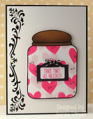 Take Two as Needed
I used the hearts from Princess4life (Guava and Bubble Gum ink) inside my jar. I used a Sizzix eclips ( Card Fronts cartridge) for the die cut card front. The lid was colored with Touch Twin markers.
Keywords: jar4candy Princess4life Sizzix TouchTwin