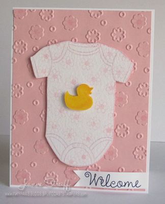 *Welcome Baby
I used the Onsie4Baby stamp set along with Sizzix Textured Impressions Embossing Folders 2PK Butterflies & Flowers Set. The stamps match the embossing folders!

I used BubbleGum, Licorice and Banana Colorbox Premium Dye Inks
Keywords: Onsie4Baby Sizzix Butterflies & Flowers Premium Dye Inks