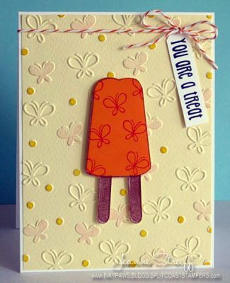 You are a Treat
I used Onsie4Baby stamps along with Sizzix Embossing Folders Butterflies & Flowers (the stamps match the embossing folders!) for my background

I used Tangerine, Bubblegum and Chocolate Premium Dye Inks
Keywords: pops2eat, Premium Dye Inks, onsies4baby