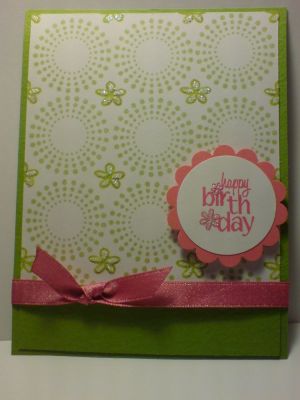 Happy Birthday
I tried to make the background look like 'pattern paper', which was really effortless to do as the stamps are so easy to align.  I also added some glitter which really doesn't show up well in the photo.  
Keywords: Back2Basics September 2009
