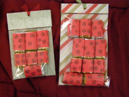Teacher goodie bags
I stamped the snowflakes from this set all over some cardstock and than wrapped up Hersey nuggets and hershey candy bars.

