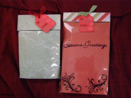 Teacher goodie bags
These were fun to make.  I loved the idea that I was recycling my scrapbook packaging to make these.  I stamped the to and from with some snowflakes on the tag that I cut out using my Slice machine. TFL
