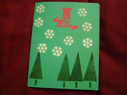 Snowy tree holiday card
I embossed some snow flakes in white on the background with some clear embossed trees. TFL
