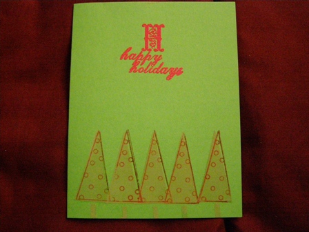 Tree card
I embossed these trees using clear embossing powder.  I stamped the dots in red chalk ink. TFL
