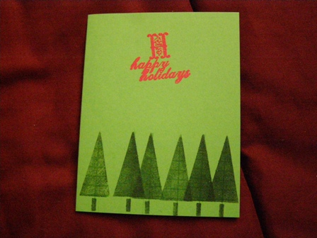 Tree card
These trees where stamped in green and clear embossed.  I embossed the sentiment in red.  It is a stamp from Imagienice. TFL
