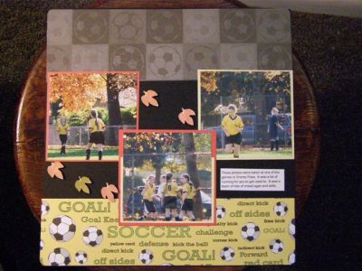 Soccer scrapbook LO
I decided to use the leaf stamps from this set to add some embellishments to my daughters soccer page since it was in the Fall and leaves were turning colors.
