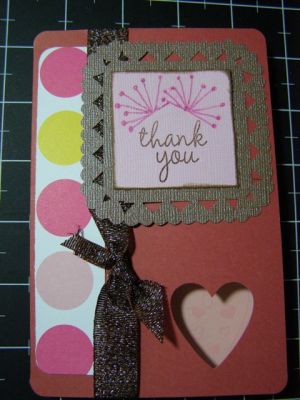 Thank you card
Using Studio G card with heart cut out, MS heart border/corner punch set, American Crafts paper and glitter ribbon. TFL
