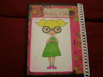Thinking of you card
I used the thinking of you sentiment from this set.  My image is a digital one and is colored with Copics.  I used a Martha Stewart border punch. TFL
