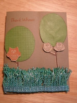 Thank whoo card
I used the trees2build set to make my trees for the owls to rest in.  I used some fringe trim that I had to make grass.  I used Lindy Stamp gang stain on it. TFL

