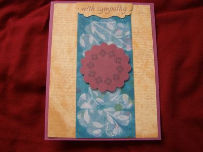 A sympathy card.
I used a piece of older DCWV patterned paper and one of the flowers from the thanks4oneyear set and embossed it with clear embossing powder and then covered with distress ink to make a new patterened paper. TFL
