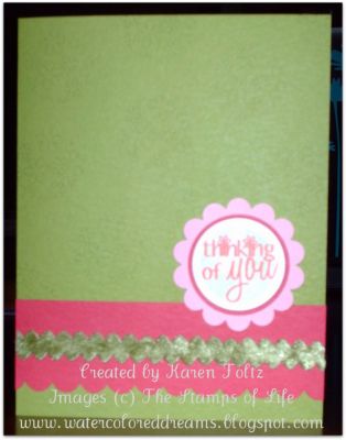 Thinking of You
I made this for my niece who had surgery recently. Hard to see in the picture, but I stamped the outline of flowers on the green with Olive ink.


Keywords: Back2Basics, Thinking of You