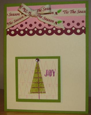 TSOLC02 Joy Card
Using the Nov 09 stamp set and Prism colors Rose Light, Rose Dark and Intense Kiwi (my fav!). Ranger Adirondack inks in Lettuce, Wild Plum & Seashell Pink match really well! MS border punch and Michael's ribbon finish out the card inspired by Mojo Monday sketch 114.
Keywords: TSOLC02