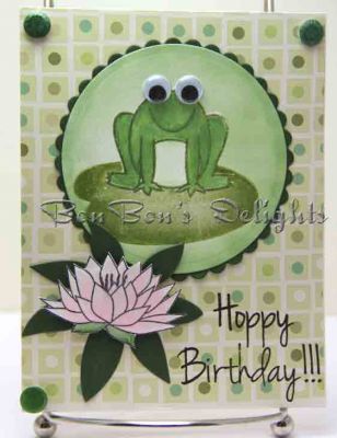 Hoppy Birthday
Such a cute 4.25" x 5.50" card created with the Froggy2Love set!!
Keywords: stamps of life, candis cheery lynn dies