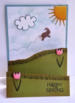 Happy Hoppin' Spring!
A stair step scene...the sun is from summer4fun, and the cloud is from kites2fly.  The background clouds are sponged in with a scalloped circle for a mask.
