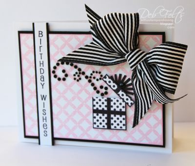 Birthday Wishes!
I loved how Laura had words or frogs escaping from underneath the box lid on her cards in the birthday2celebrate gallery, so I did that with the swirlie rhinestones on this one!  
Keywords: pattern2love birthday2celebrate