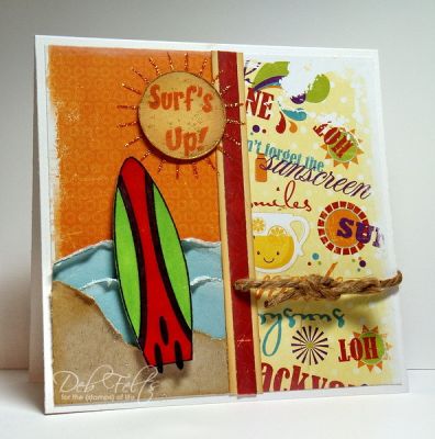 Surf's Up!
This was a fun card!  Lots of texture going on here with some Glossy Accents surfboard wax, Stickles white-caps foam, sun-beams, and sparkly sand.
