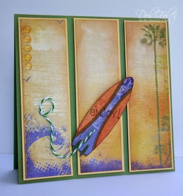 Enjoy the surf!
This Fancy Pants paper pad is so perfect for these images!  Couldn't resist a surfboard w/ an ankle tether of twine and some flowersoft seafoam.
