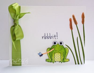 Ribbbit!
The frog was colored with Copics, then textured with a piece of burlap soaked in blender solution.  I used branches4flowers and some Sparkly Fluff to add a few cattails.
