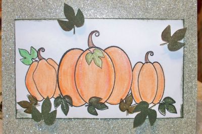 Pumpkin Patch
Using the outline pumpkin stamps and coloring them with two shades of orange water color pencils.  The far left pumpkin is the skinny outline, but squished down a bit to give it a different shape.  The larger leaves are stamped and then cutout and placed with foam dots to give a 3D look.
