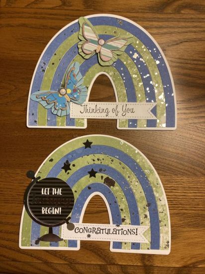Rainbow Cards
Cut paper and made two cards.  Butterflys are Dollar Tree Stickers.  The other card is a graduation card.  Globe says Let the Journey Begin.
Keywords: Rainbow Flip It